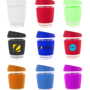 340ml. High quality glass. Coloured silicon lids and bands. Dishwasher safe. Colours: Black, royal, red, white, lime, navy, yellow, orange, purple. Print Area: 60 x 34mm